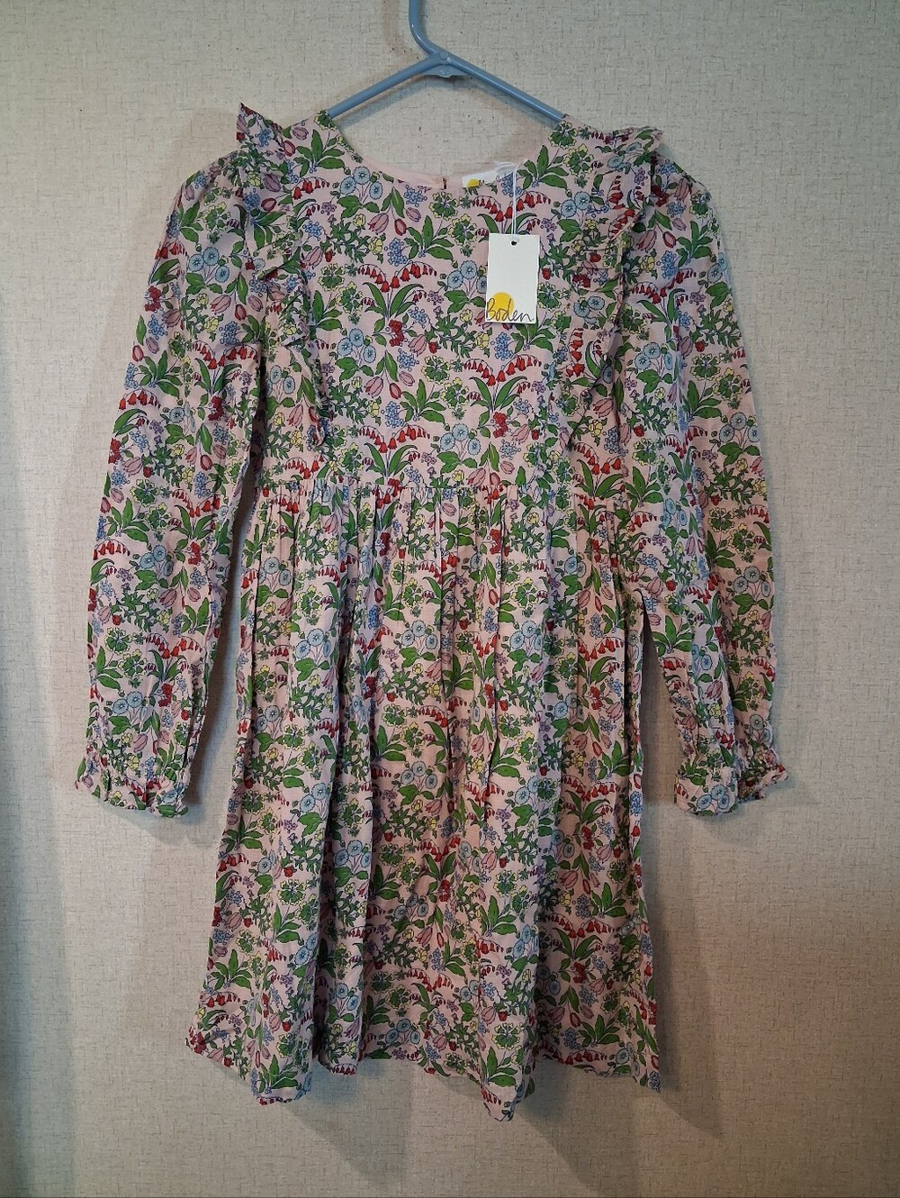 Boden Floral Cotton Dress in Cream with Pink, Green and Blue Print Girls